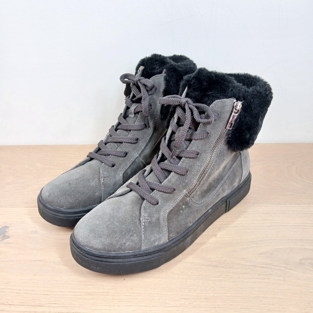 Naturalizer Baker Sneakers Womens 11M Gray Suede Fur Trim Comfort Casual Lace Up